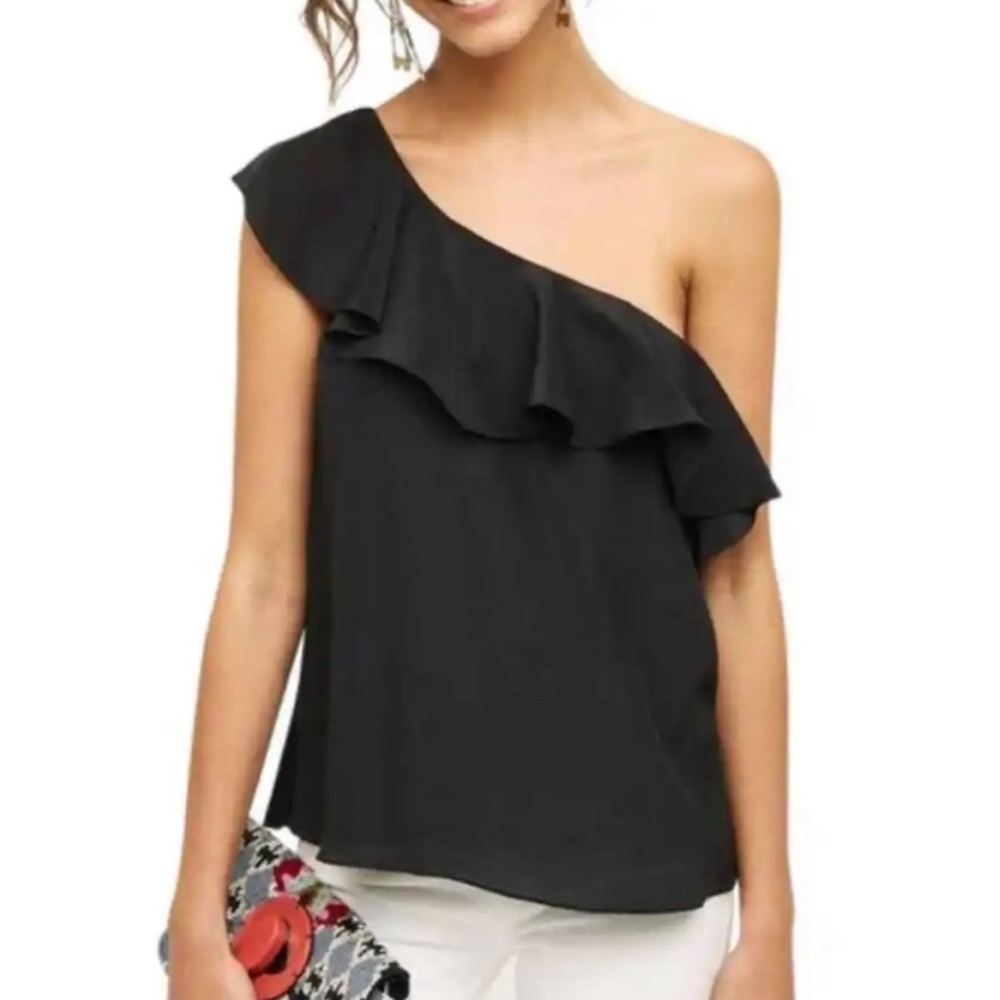 Anthropologie One-Shoulder Black Ruffle Top